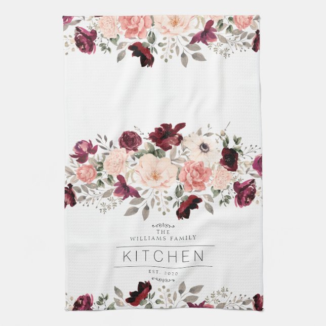 Family Floral Burgundy Kitchen Towel (Vertical)