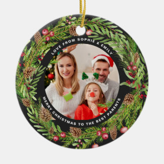Family foliage wreath photo Christmas black Ceramic Ornament