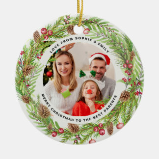 Family foliage wreath photo Christmas elegant Ceramic Ornament