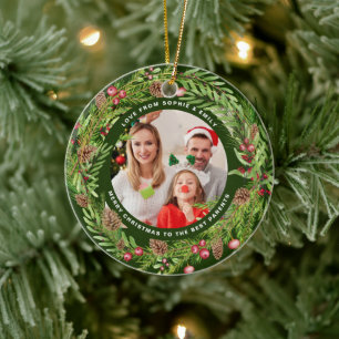 Family foliage wreath photo Christmas Green Ceramic Ornament