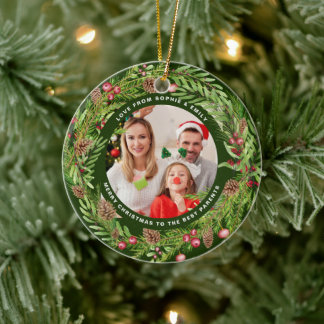 Family foliage wreath photo Christmas Green Ceramic Ornament