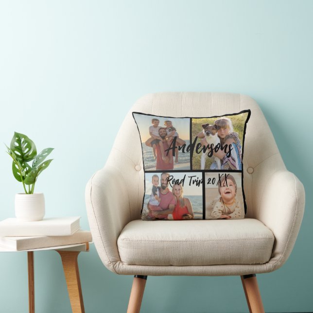 Family Four Photo Personalized Throw Pillow (Chair)