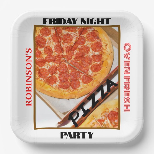 Family Friday Night Pizza Party NAME Photo Paper Plates (Front)