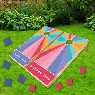 Family Fun Team Name Kids Stripes Rainbow Summer Cornhole Set