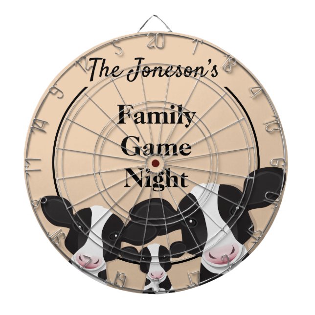 Family Game Night Name Black White Cows Dart Board (Front)