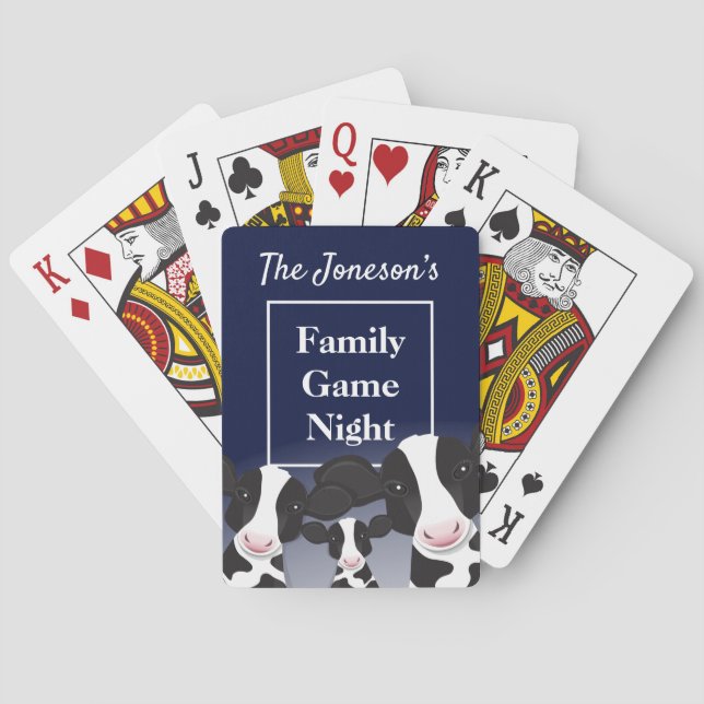 Family Game Night Name Dark Blue White Cows Poker Cards (Back)
