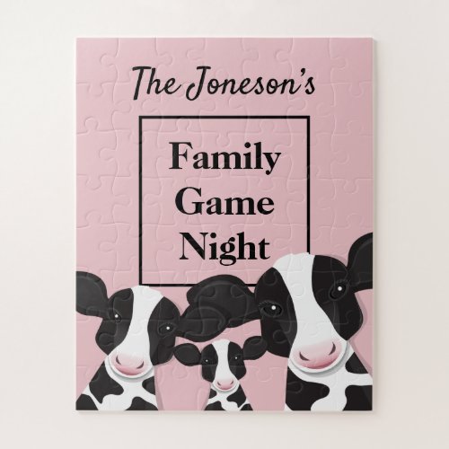 Family Game Night Name Pink Black Cows Jigsaw Puzzle