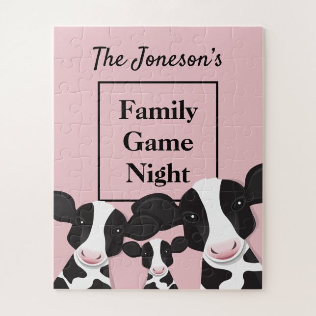 Family Game Night Name Pink Black Cows Jigsaw Puzzle (Vertical)