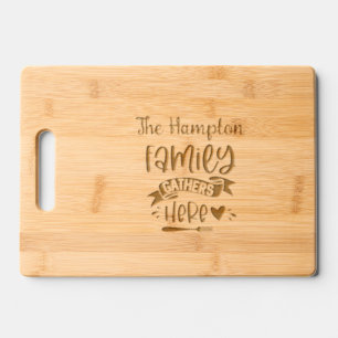 Family gathers personalized engraved cutting board