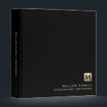 Family Genealogy Binder Brushed Gold Monogram<br><div class="desc">Keep your family history organized and easily accessible with this personalized genealogy binder. Featuring a brushed gold monogram medallion with your family name and customizable text, this binder is perfect for storing documents, photos, and other memorabilia. The classic block typography in golden text on a solid black background adds a...</div>