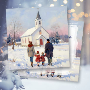 Family going to Church on Christmas Day Holiday Card
