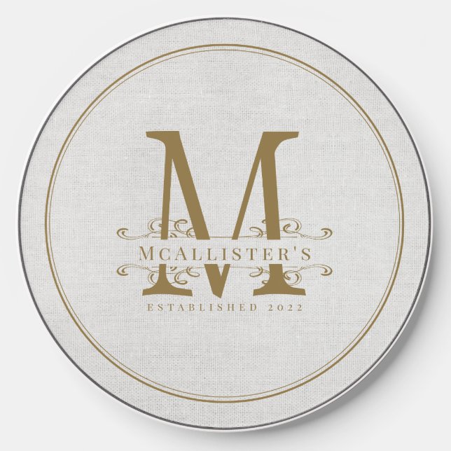 Family Gold Monogram Establish Year Linen Custom Wireless Charger (Front)