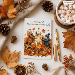 Family Golden Retriever Dog Autumn Leaves Holiday Card