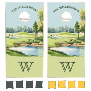 Family Golf Fun Cart Course Monogram Name   Cornhole Set
