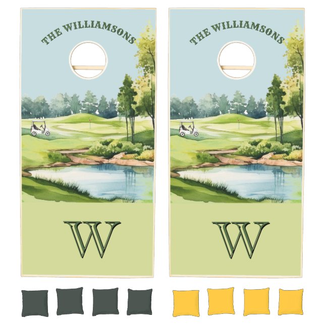 Family Golf Fun Cart Course Monogram Name   Cornhole Set (Set)