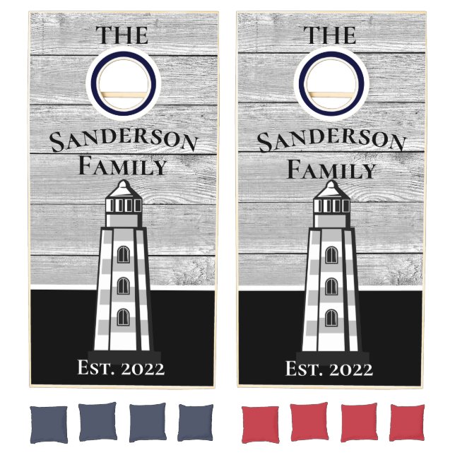 Family Gray Striped Nautical Lighthouse   Cornhole Set (Set)