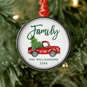 Family Green Brush Script Vintage Red Truck Metal Ornament