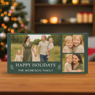 Family Green Happy Holidays 3 Photo Botanical  Holiday Card