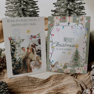 Family Green Stripes Cute Photo Merry Christmas Holiday Card
