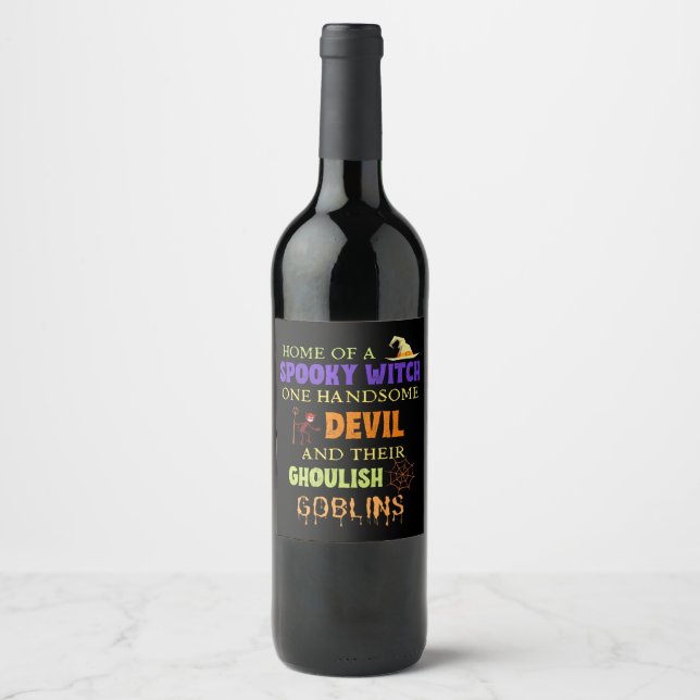 Family Halloween Quote With Witch Devil Spider Web Wine Label (Front)