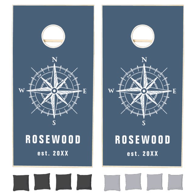 Family Hand Drawn Compass Blue Cornhole Set (Set)