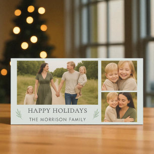 Family Happy Holidays 3 Photo Elegant Botanical Holiday Card