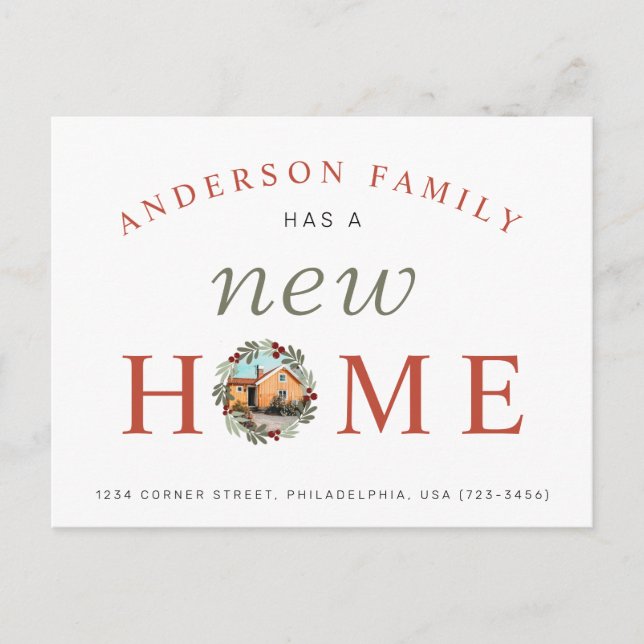 Family Has a New Home Christmas Wreath Holiday Announcement Postcard (Front)