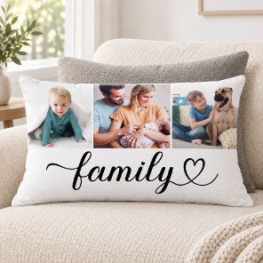 Family Heart Script 3 Photo Collage Lumbar Pillow