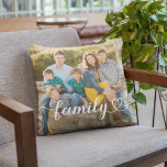 Family Heart Script Photo White Text Throw Pillow<br><div class="desc">White calligraphy script reading Family with a delicate heart flourish overlays your favorite family photo on this personalized throw pillow. The white text is designed to stand out beautifully against darker or outdoor photography. Upload your own family portrait to create a meaningful keepsake or thoughtful gift for grandparents, parents, or...</div>