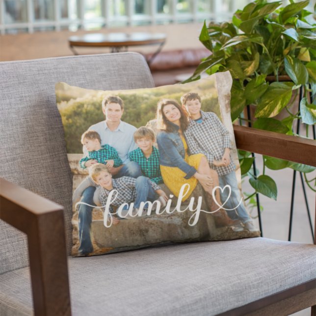Family Heart Script Photo White Text Throw Pillow (Creator Uploaded)