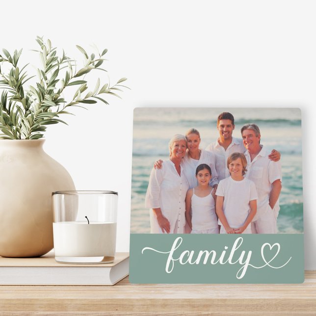 Family Heart Script Sage Green Photo Plaque (Creator Uploaded)