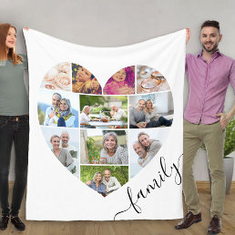 Family Heart Shaped 11 Photo Collage White Fleece Blanket