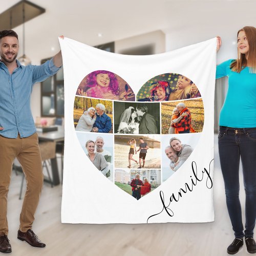 Family Heart Shaped 9 Photo Collage White Fleece Blanket