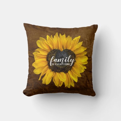 Family Heart Sunflower on Brown Leather Throw Pillow