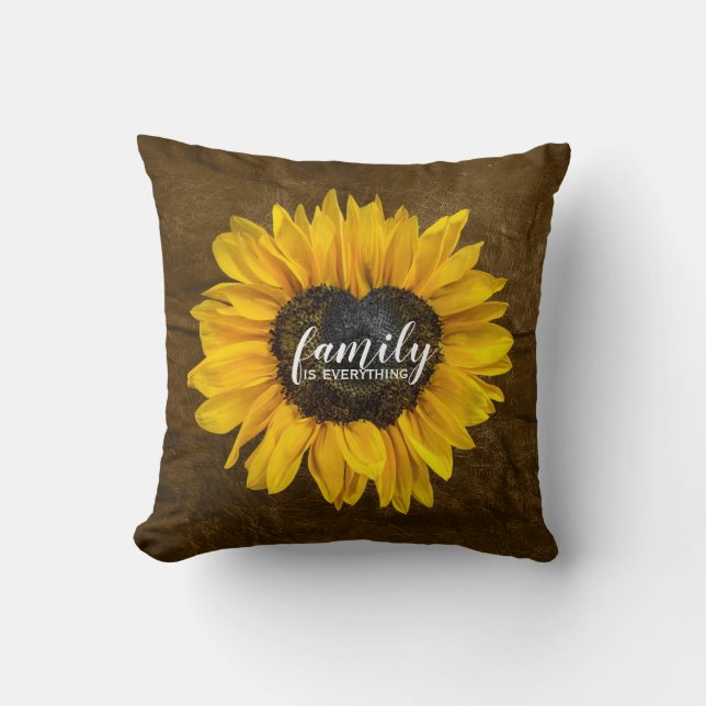 Family Heart Sunflower on Brown Leather Throw Pillow (Front)