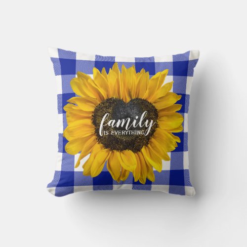 Family Heart Sunflower on Buffalo Plaid  Throw Pillow