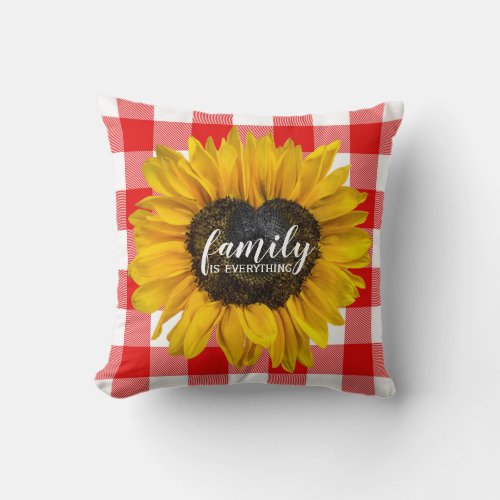 Family Heart Sunflower on Buffalo Plaid   Throw Pillow