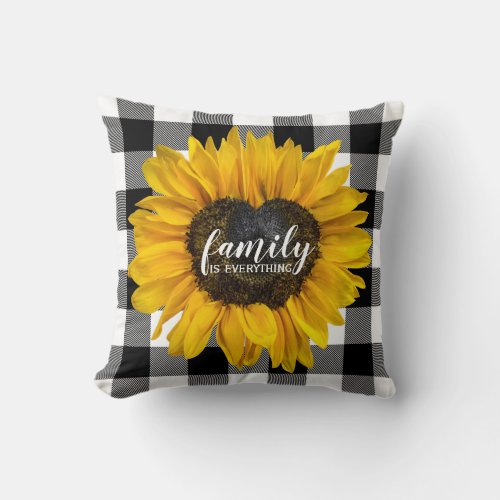 Family Heart Sunflower on Buffalo Plaid Throw Pillow