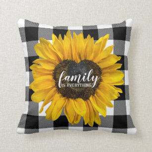 Family Heart Sunflower on Buffalo Plaid Throw Pillow