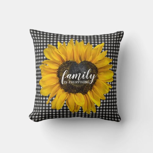 Family Heart Sunflower on Gingham   Throw Pillow