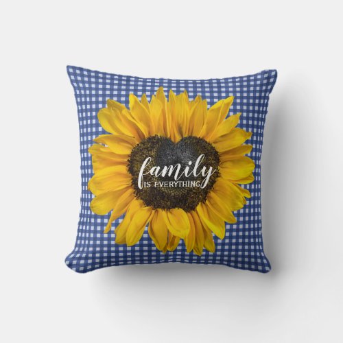 Family Heart Sunflower on Gingham  Throw Pillow