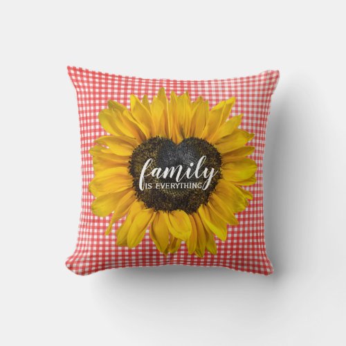 Family Heart Sunflower on Gingham  Throw Pillow