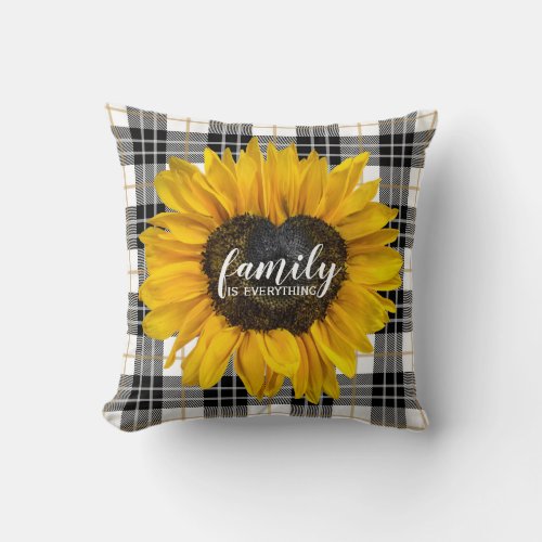 Family Heart Sunflower on Tartan Plaid Throw Pillow