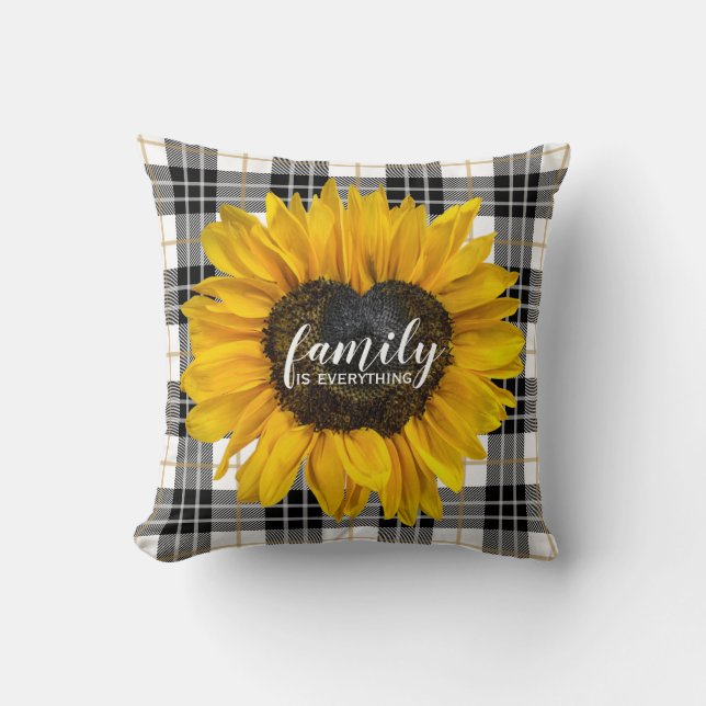 Family Heart Sunflower on Tartan Plaid Throw Pillow (Front)