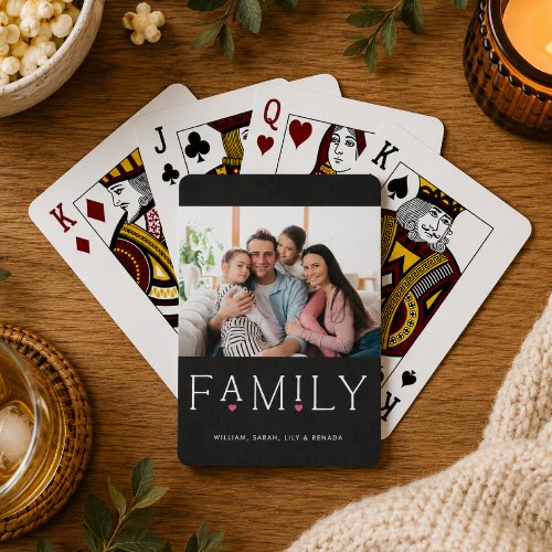 Family Heart Typography Black Photo Poker Cards