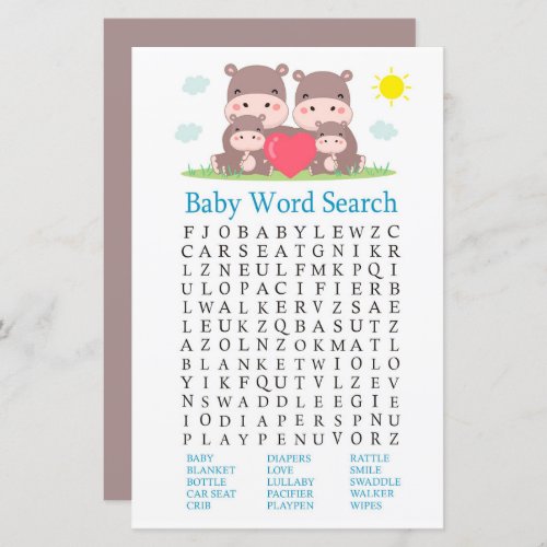 Family hippo Baby Shower Word Search Game