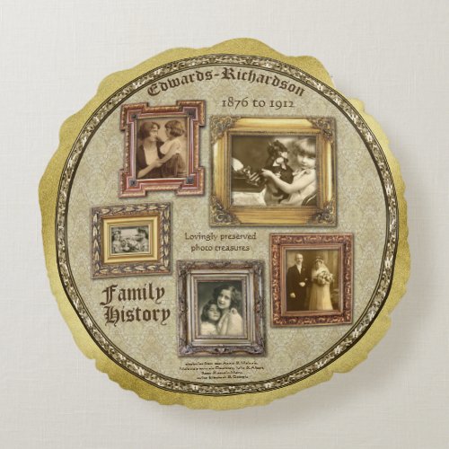 Family History Antique Photo Frames Gold Collage Round Pillow