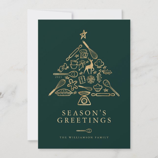 Family Holiday Baking Green & Gold Christmas Tree Card (Front)