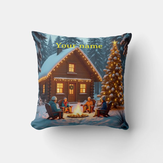 Family Holiday Bonfire Throw Pillow (Front)