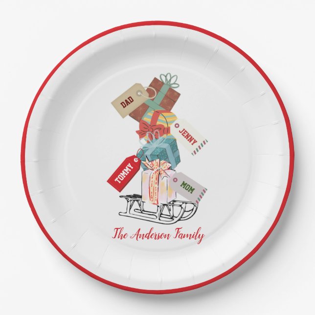  Family Holiday Party Winter Sled Modern Christmas Paper Plates (Front)